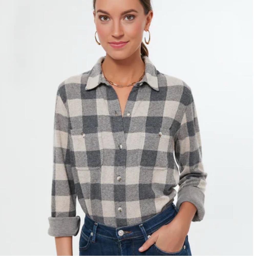 Faherty Women’s Legend Sweater Shirt Buffalo Check Flannel Tan Charcoal Small